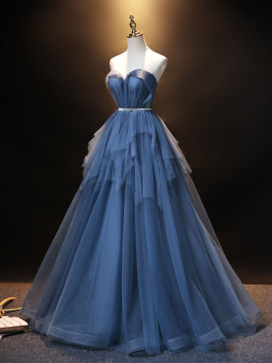 Blue Sweetheart Neck Tulle Long Prom Dress Blue evening dress