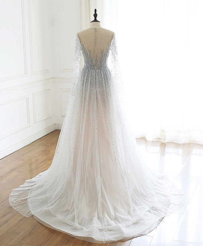 A-Line Round Neck Tulle Sequin Beads Long Prom Dress