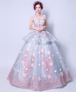 Unique Round Neck Tulle Lace Long Prom Dress, Gray Evening Dress