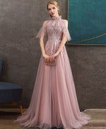 Pink Tulle Lace Long Prom Dress Pink Tulle Formal Graduation Dress with Beading