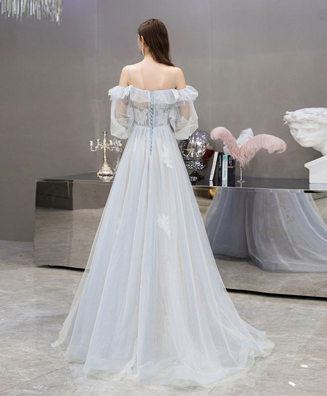 Blue Tulle Lace Long Prom Dress Blue Lace Evening Dress