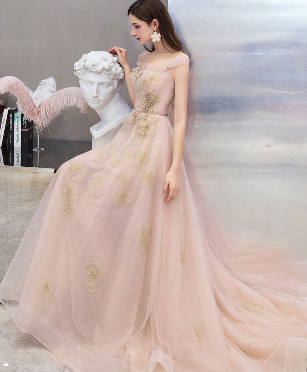 Pink Tulle Lace Long Prom Dress Pink Tulle Formal Dress