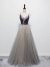 Simple Gray V Neck Tulle Long Prom Dress, Gray A line Gray Formal Dresses