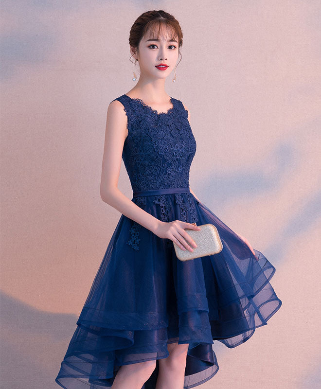 Dark Blue Tulle Lace Short Prom Dress, Blue Tulle Lace Bridesmaid Dress