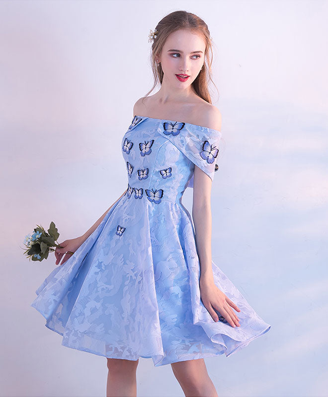 Blue Lace Short Prom Dress, Blue Cute Homecoming Dress
