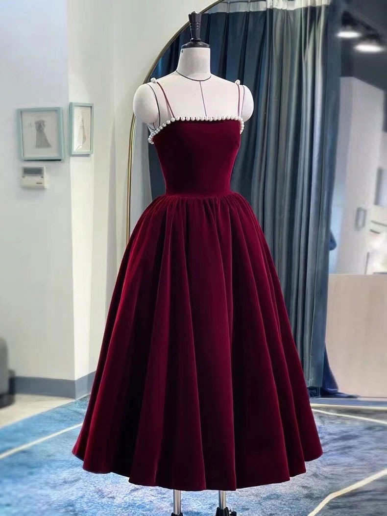 shopluu Simple Burgundy Tea Length Prom Dress, Burgundy Homecoming Dress US 10 / Burgundy