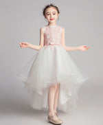 White Round Neck Tulle Lace High Low Prom Dress, Lace Flower Girl Dress