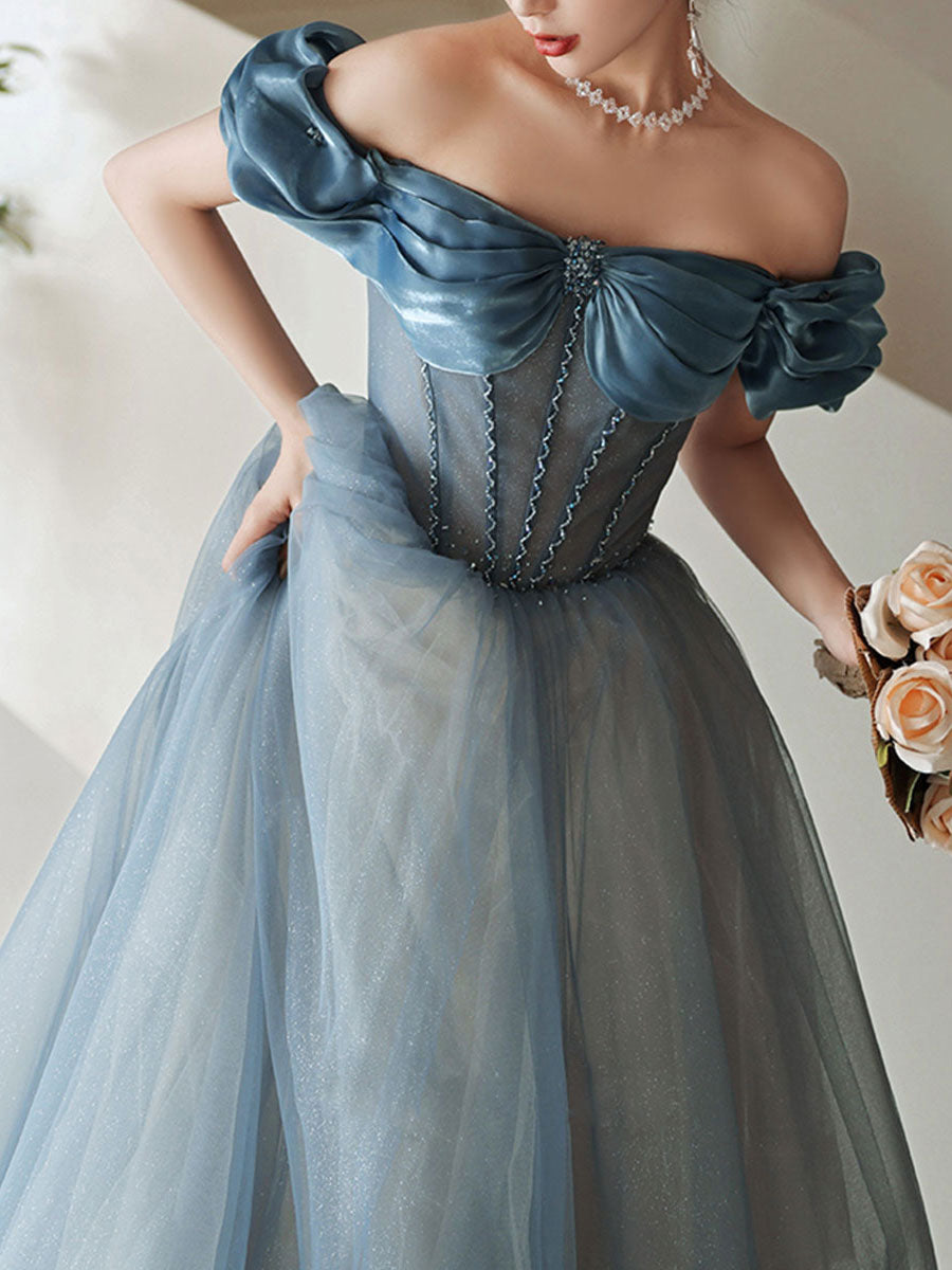 Blue Sweetheart Off Shoulder Tulle Long Prom Dress Blue Formal Dress