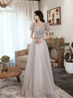 Gray V Neck Tulle Beads Long Prom Dress, Gray Aline Formal Dress