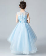 Blue Round Neck Tulle High Low Lace Prom Dress, Flower Girl Dress