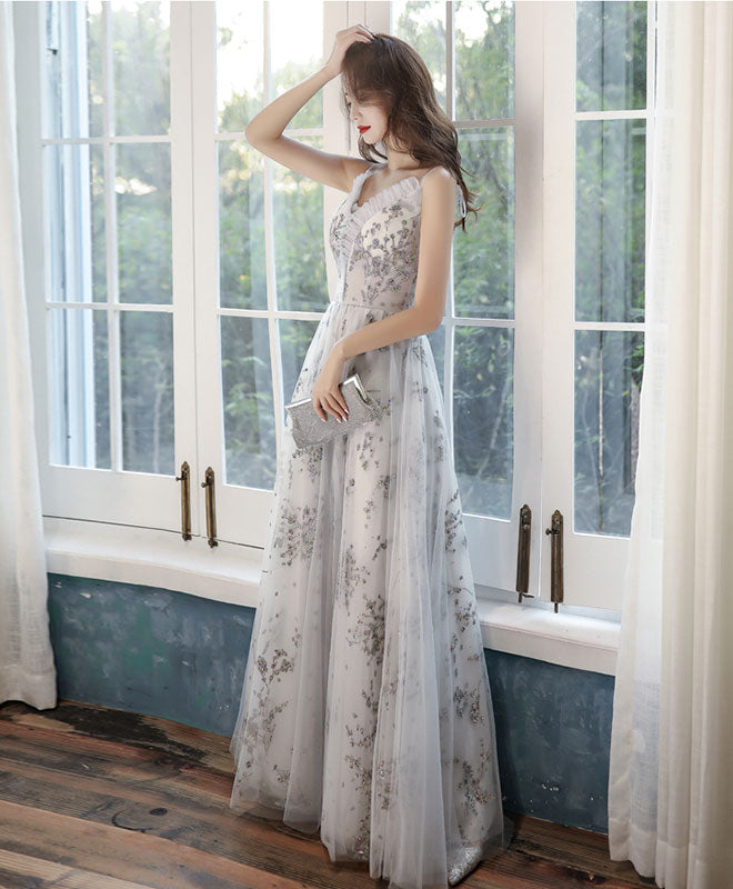 Gray Tulle Lace Long Prom Dress Gray Tulle Lace Formal Dress