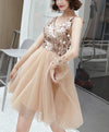 Champagne V Neck Tulle Sequin Short Prom Dress, Homecoming Dress