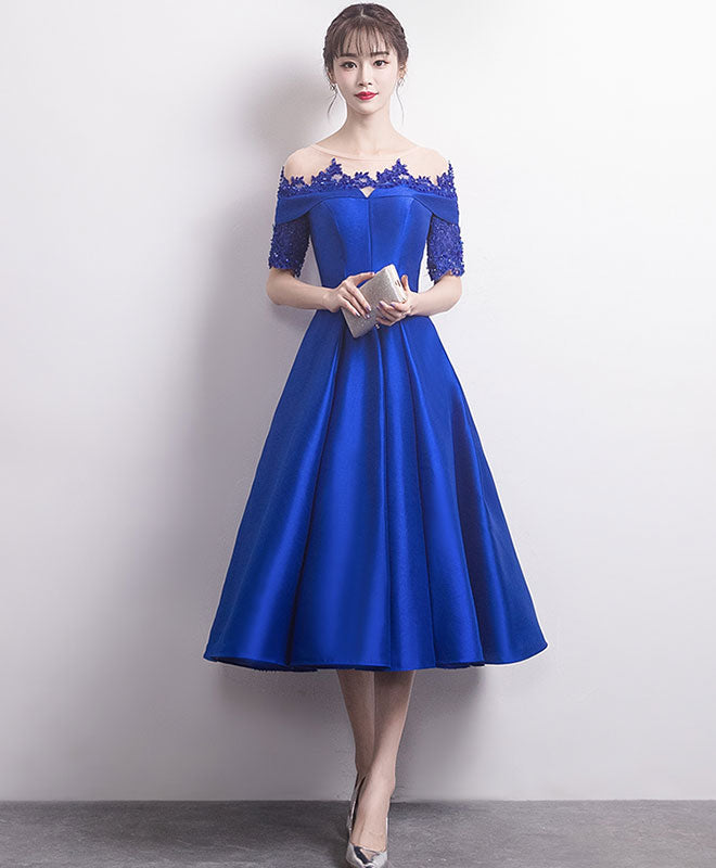 Blue Round Neck Satin Lace Prom Dress, Blue Bridesmaid Dress