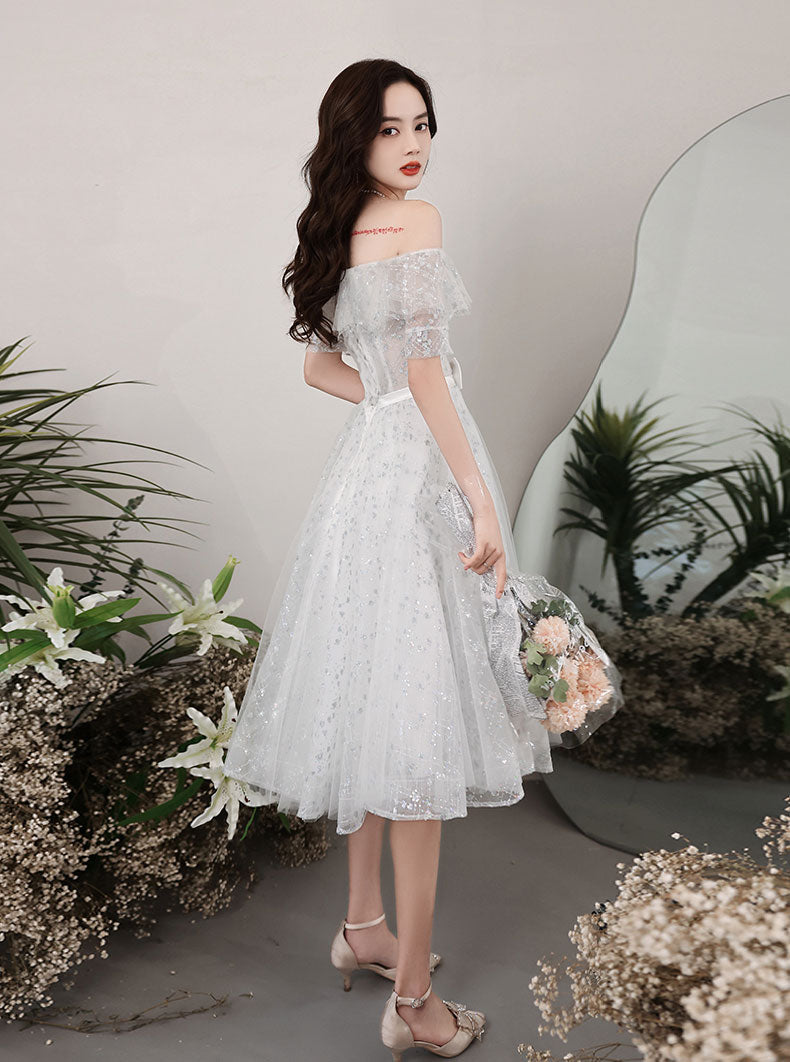 Gray White Lace Short Prom Dress White Tulle Lace Homecoming Dress