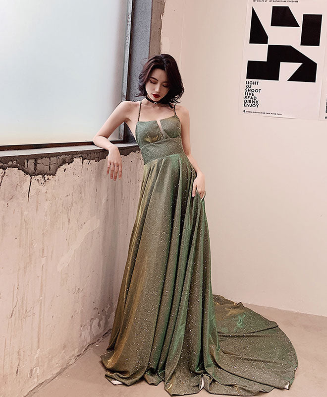 A-Line Backless Green Long Prom Dress, Green Long Evening Dress