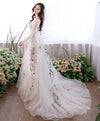 White V Neck Tulle Lace Applique Long Prom Dress, White Evening Dress