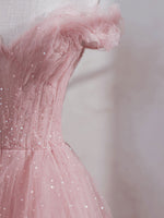 Pink Off Shoulder Tulle Tea Length Prom Dress, Tulle Formal Dress