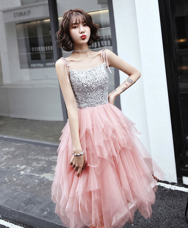 Pink Tulle Sequin Short Prom Dress, Pink Tulle Homecoming Dress