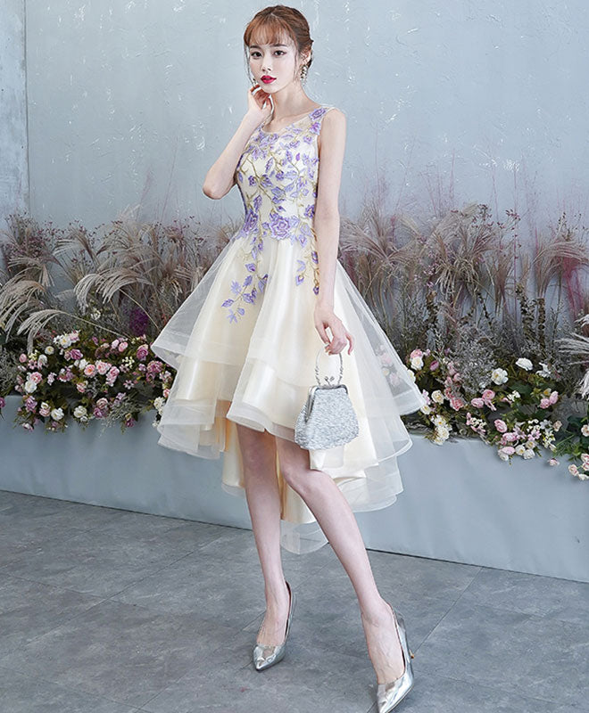 Light Champagne Tulle Lace Short Prom Dress, Lace Homecoming Dress