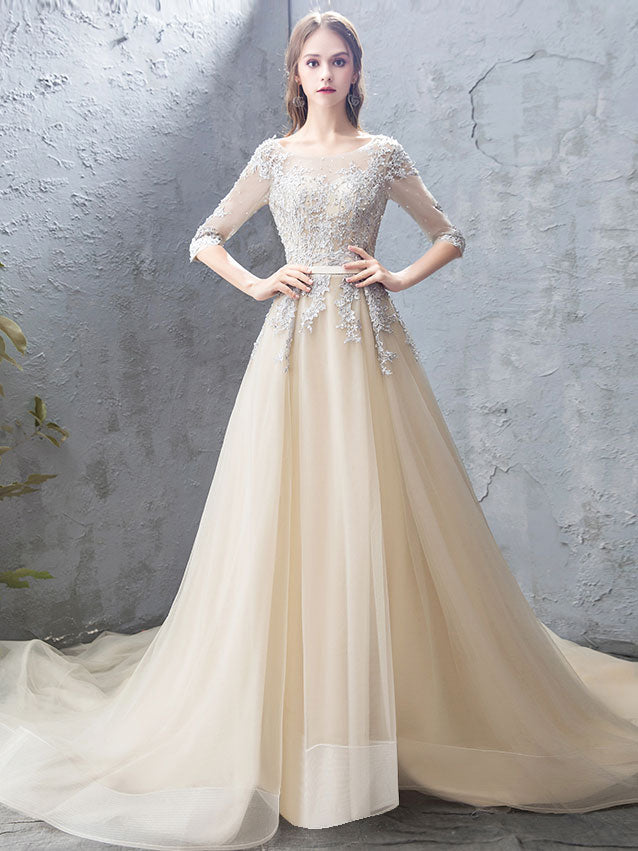 Champagne Round Neck Tulle Lace Long Prom Dress Lace Evening Dress