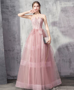 Pink Tulle Lace Long Prom Dress, Pink Evening Graduation Dress