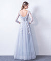 Gray Blue Cute Round Neck Lace Applique Tulle Long Prom Dress, Evening Dress