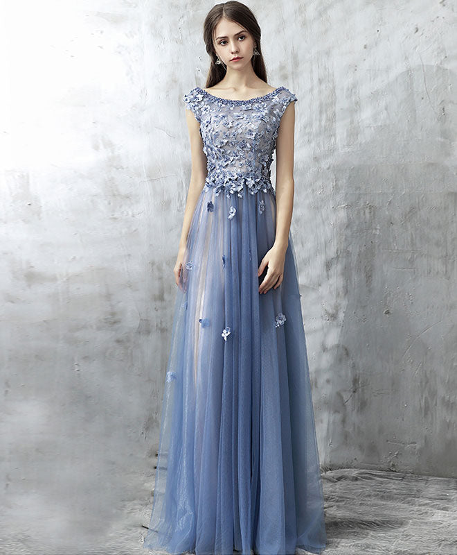 Blue Lace Applique Beads Tulle Long Prom Dress, Lace Evening Dress