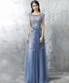 Blue Lace Applique Beads Tulle Long Prom Dress, Lace Evening Dress