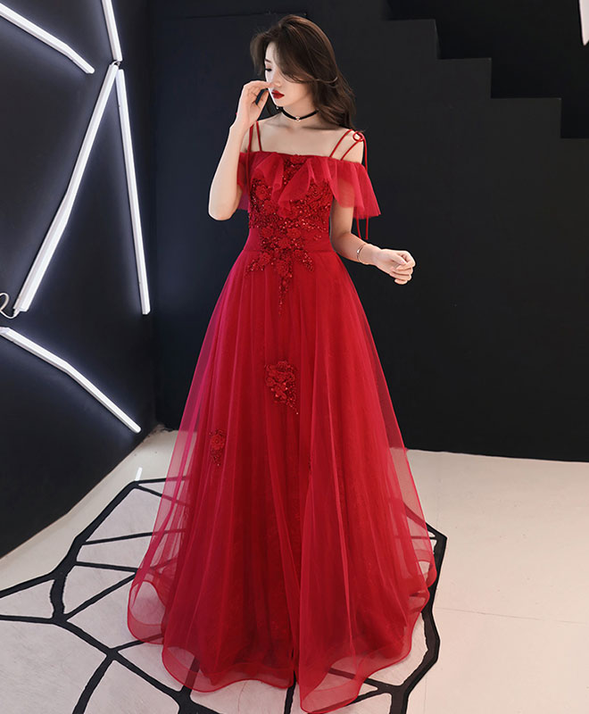 Red Tulle Lace Long Prom Dress Red Lace Formal Party Dress