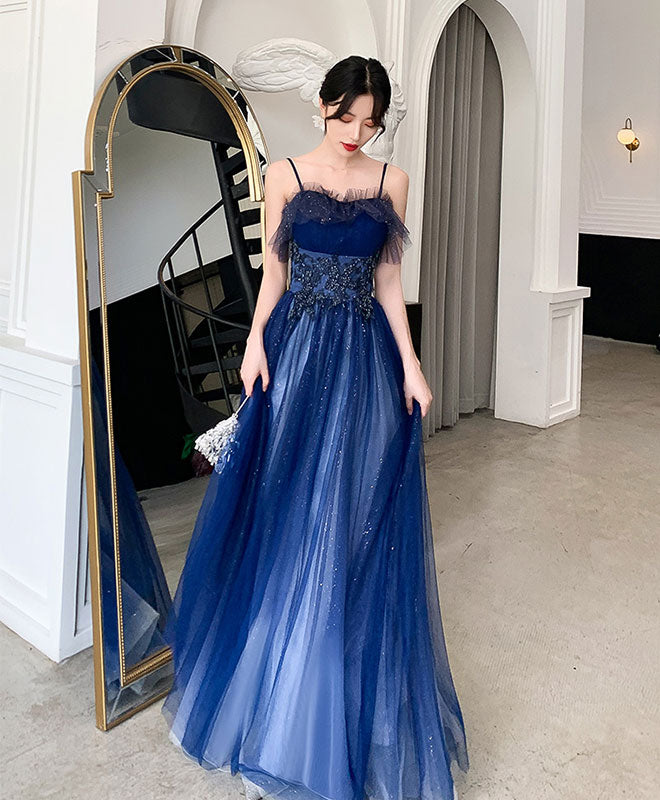 Blue Sweetheart Tulle Lace Long Prom Dress Blue Tulle Formal Dress