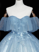 Gray Blue Tulle Off Shoulder Long Prom Dress, Blue Tulle Formal Dresses
