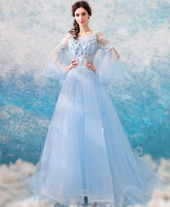 Blue Round Neck Tulle Lace Long Prom Dress, Blue Long Evening Dress