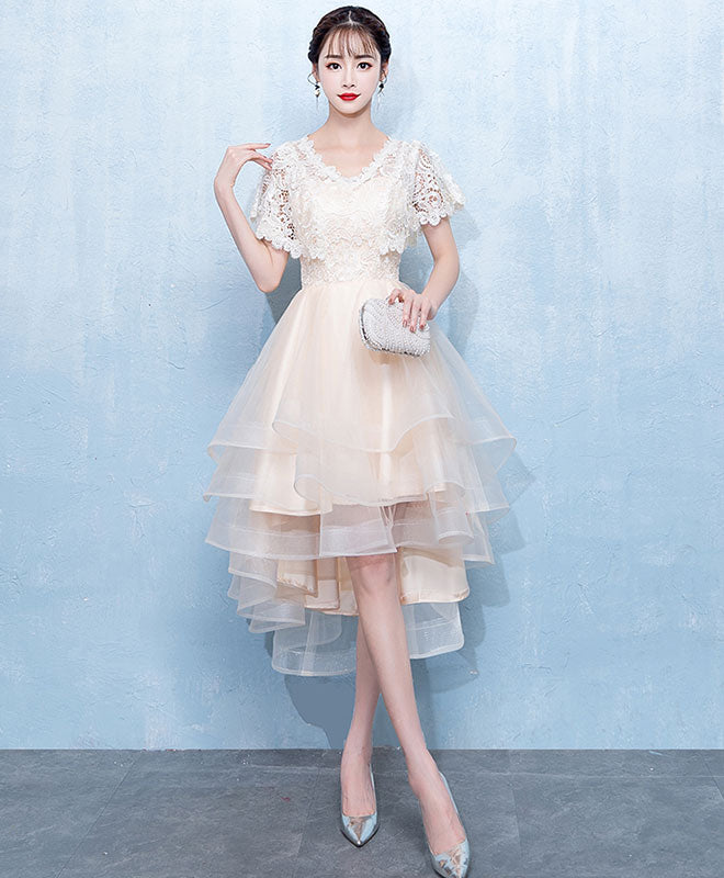 Champagne Tulle Lace Short Prom Dress, Homecoming Dress