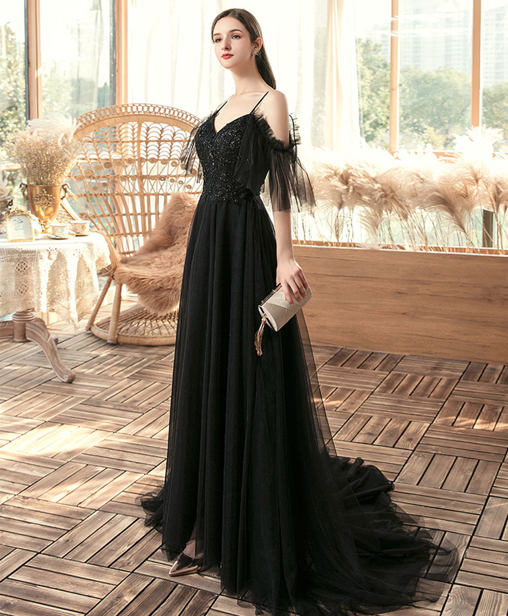 Black V Neck Tulle Lace Long Prom Dress Black Evening Dress
