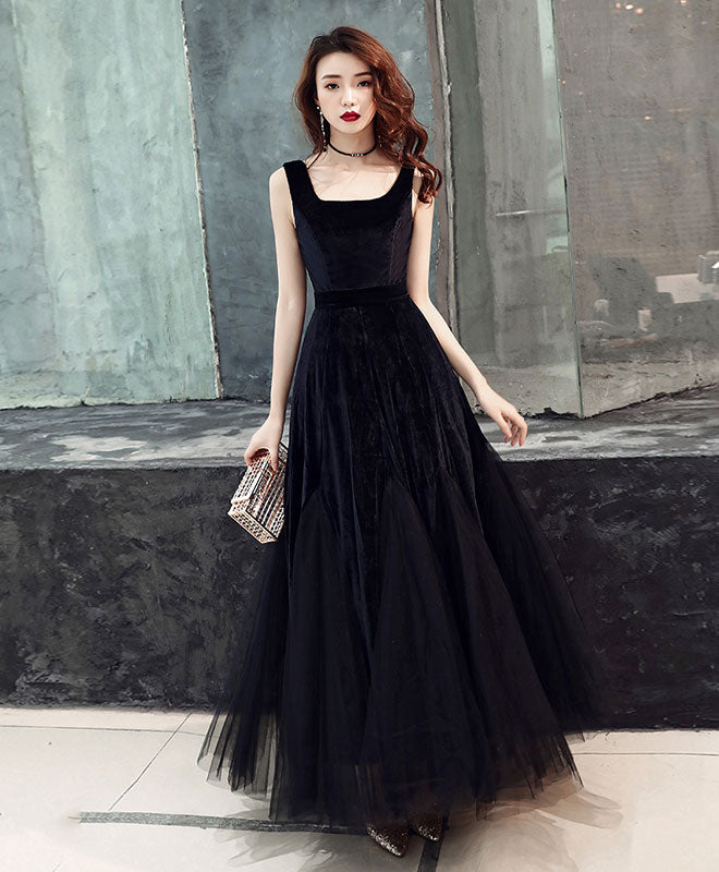 Simple Black Tulle Prom Dress, Black Velvet Tulle Formal Dress