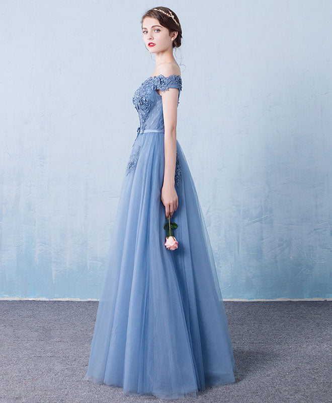 Blue Tulle Lace Off Shoulder Long Prom Dress, Bridesmaid Dress withe Beading