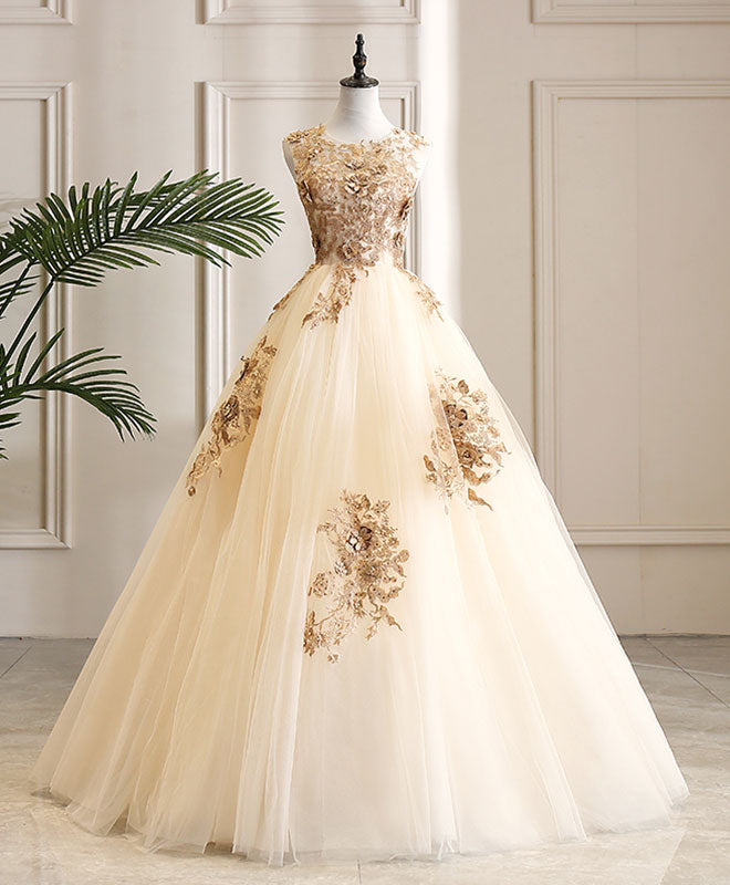 Champagne Tulle Lace Long Prom Dress Champagne Evening Dress