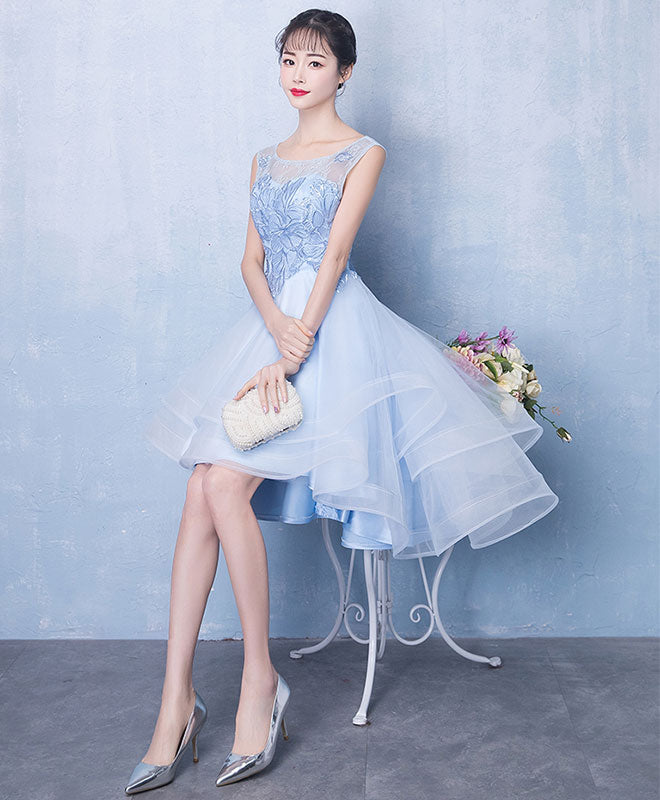 Blue Scoop Neck Tulle Short Prom Dresses, A line Blue Homecoming Dresses