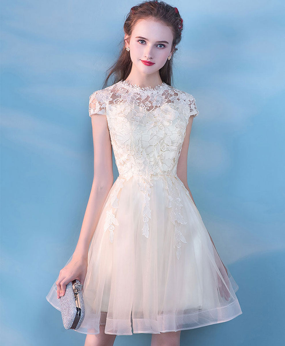Champagne Tulle Lace Short Prom Dress, Champagne Tulle Homecoming Dress