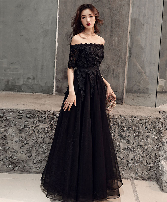 Black Tulle Lace Long Prom Dress, Black Tulle Evening Dress