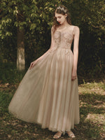 Champagne Tulle Lace Tea Length Prom Dress, Tulle Lace Evening Dress