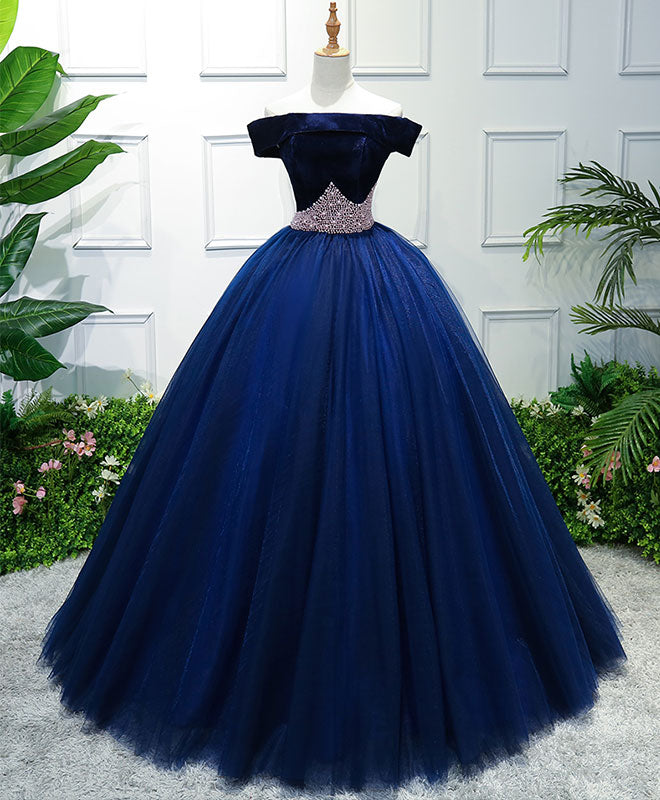 Dark Blue Tulle Off Shoulder Long Prom Dress, Blue Sweet 16 Dress