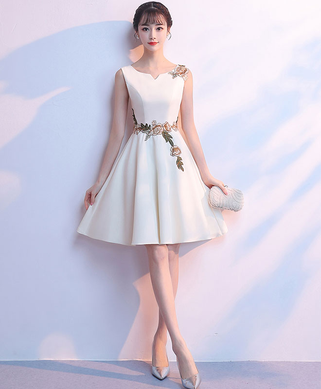 Simple Light Champagne Satin Applique Short Prom Dress, Cute Homecoming Dress