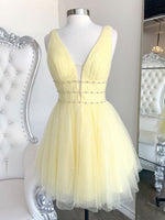Cute Yellow V Neck Tulle Beads Short Prom Dress Yellow Homecoming Dress