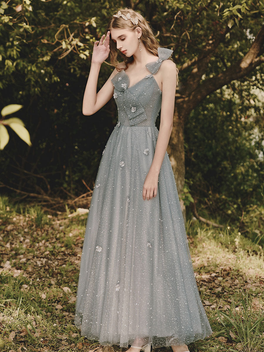 Gray Tulle Sequin Tea Length Prom Dress, Gray Evening Dress