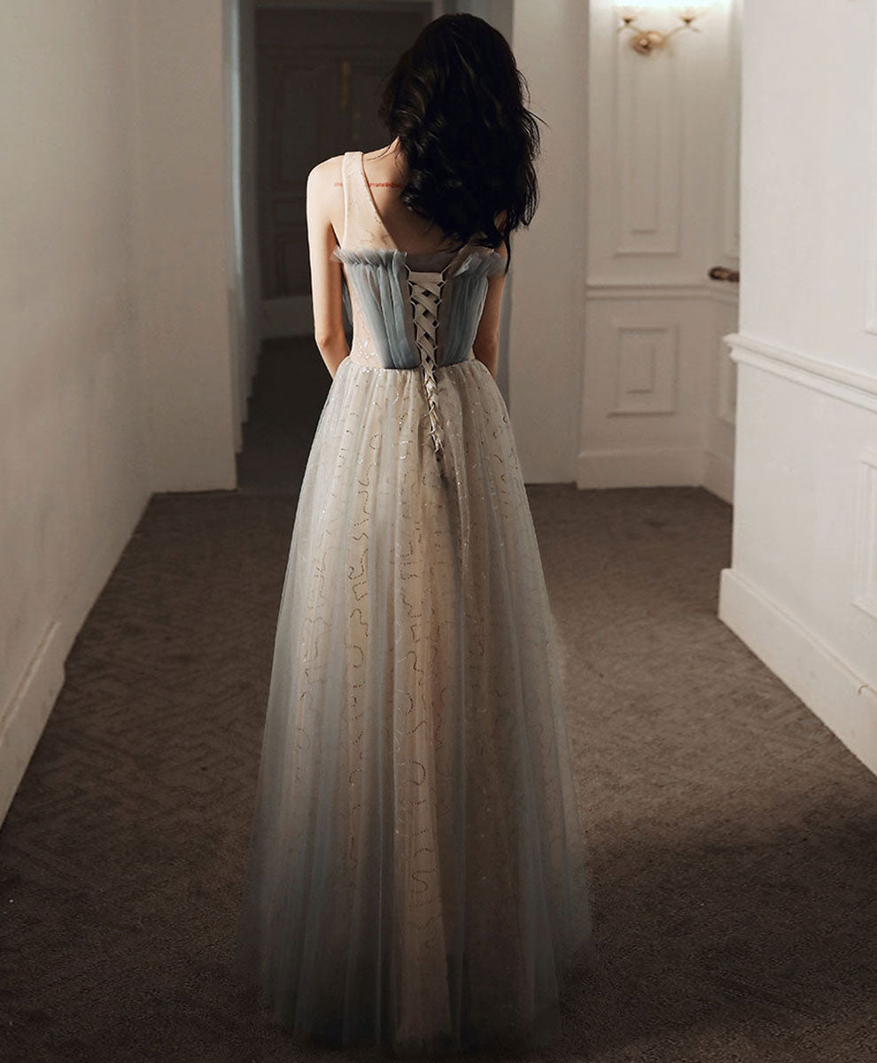 Blue V Neck Tulle Long Prom Dress, Blue Tulle Formal Dress with Sequin