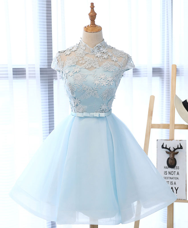 Cute Blue Lace Tulle Short Prom Dress. Cute Homecoming Dress