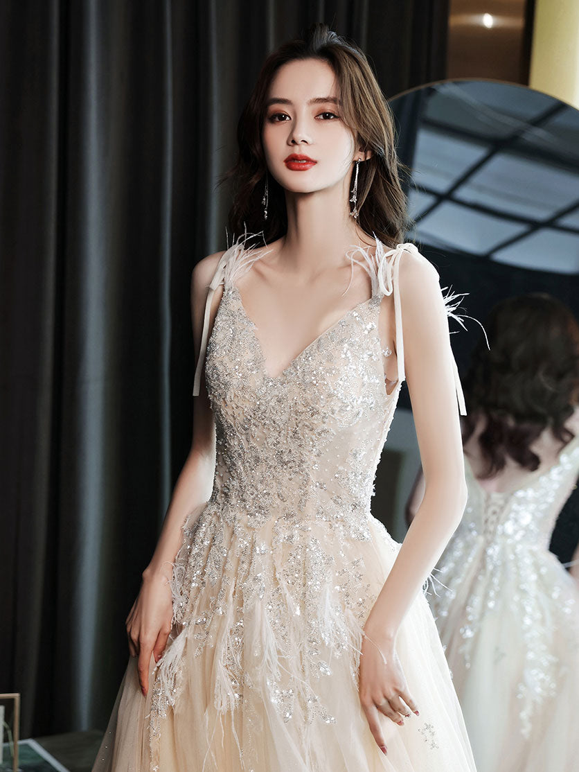Champagne V Neck Tulle Sequin Lace Long Prom Dress, Champagne Evening Dress