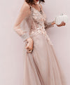 Champagne Tulle Lace Long Prom Dress, Champagne Evening Dress