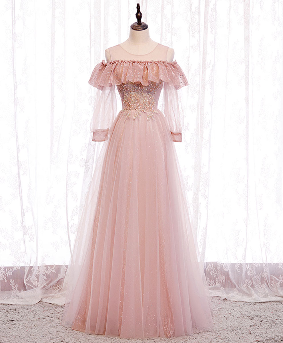 Pink Round Neck Tulle Lace Long Prom Dress Pink Lace Evening Dress US 8 / Pink Pink Round Neck Tulle Lace Long Prom Dress Pink Lace Evening Dress US 8 / Pink